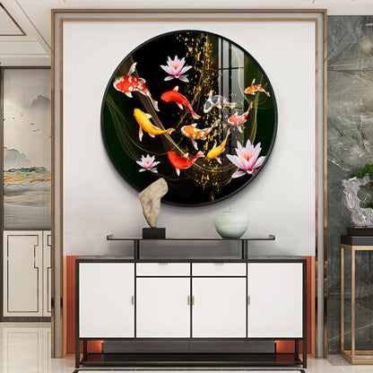 Colorful Koi In Motion Premium Acrylic Round Wall Art