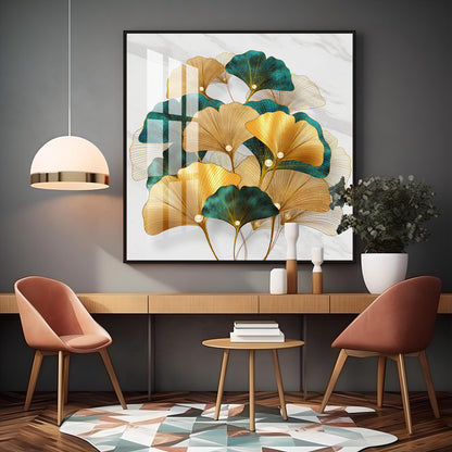 Golden Ginkgo Biloba Luxury Crystal Square Wall Art