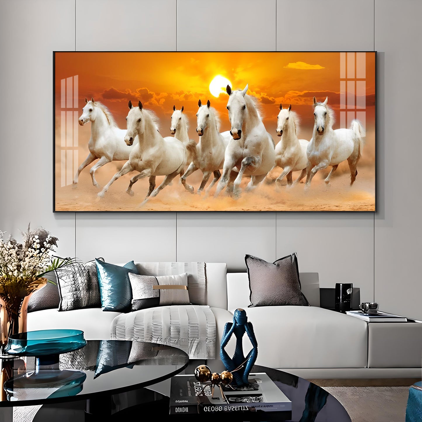 White 7 Running Horses Premium Acrylic Horizontal Wall Art