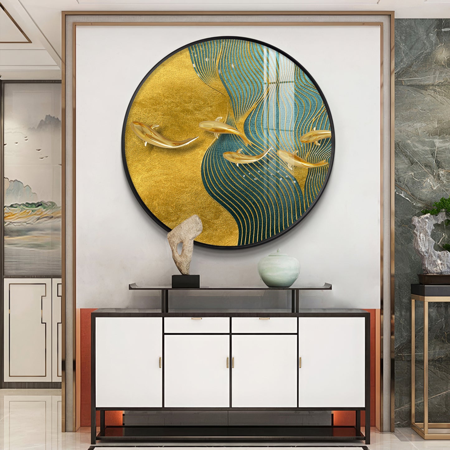 Aqua Gold Premium Acrylic Round Wall Art