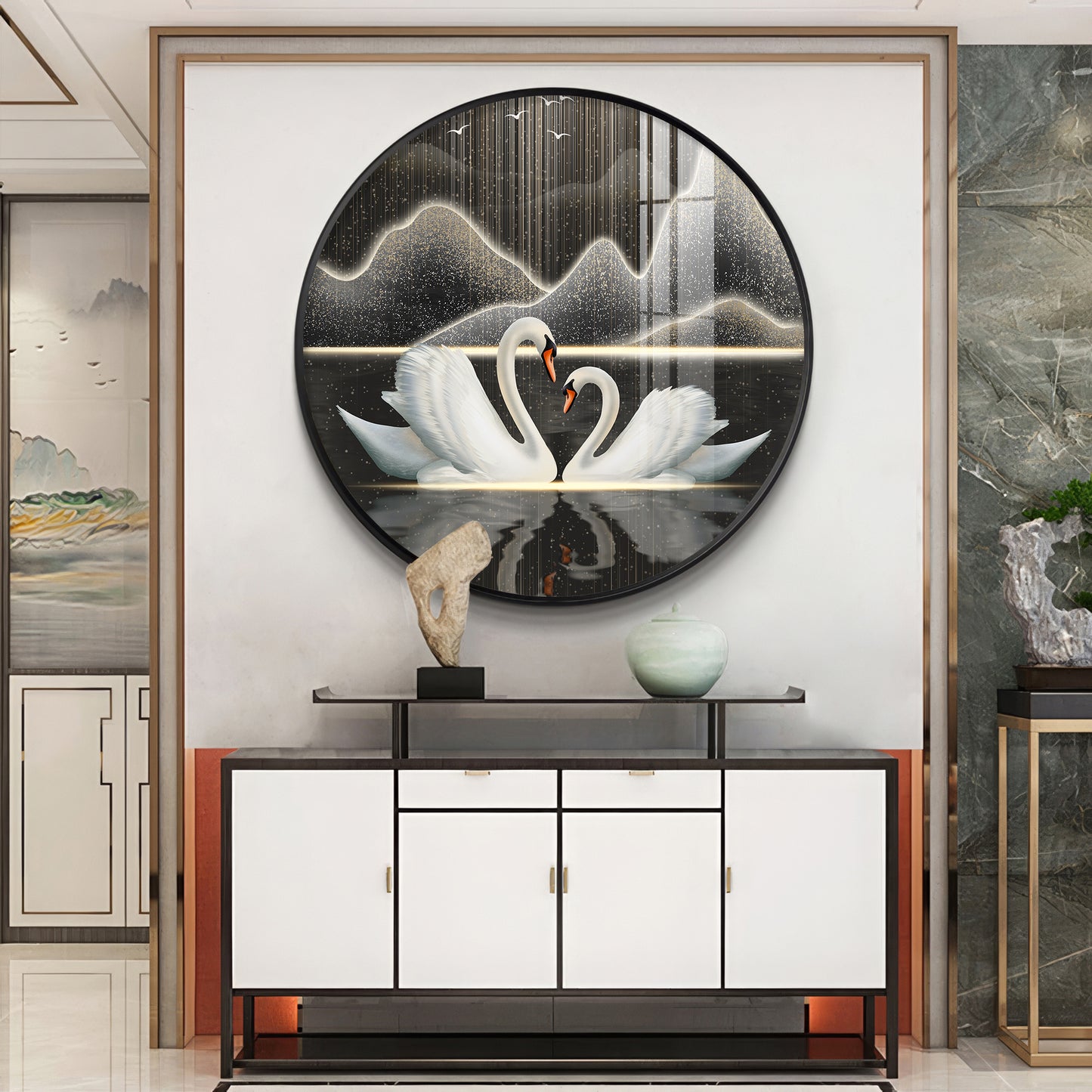 Swans in Serenity Premium Acrylic Round Wall Art