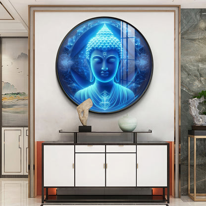 Sacred Buddha In Blue Premium Acrylic Round Wall Art