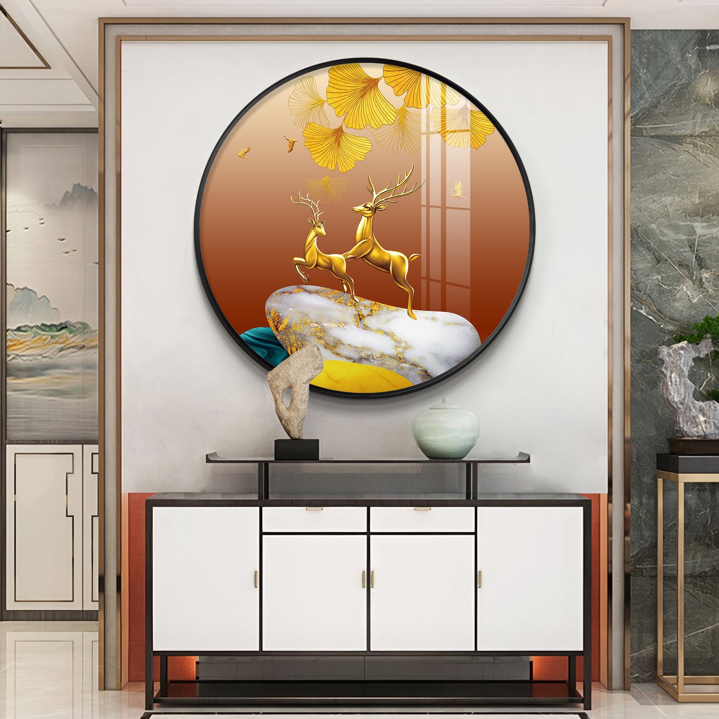 Golden Deer Duo Premium Acrylic Round Wall Art