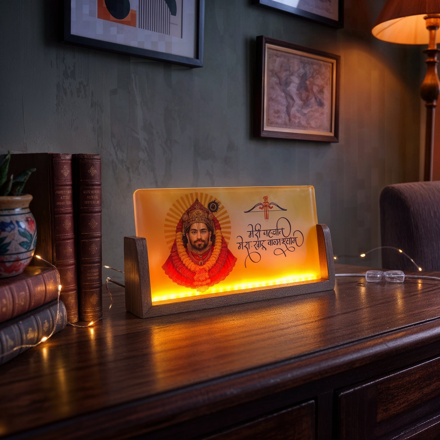 Khatu Shyam Ji Acrylic LED Table Lamp - Wooden Stand