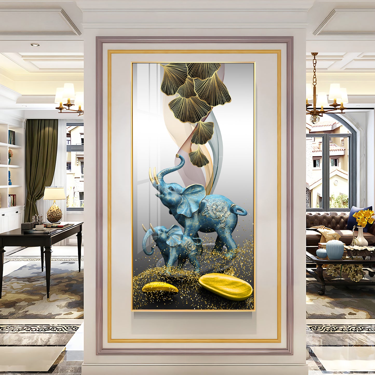 Blue Elephant With Golden Tusk Premium Acrylic Vertical Wall Art