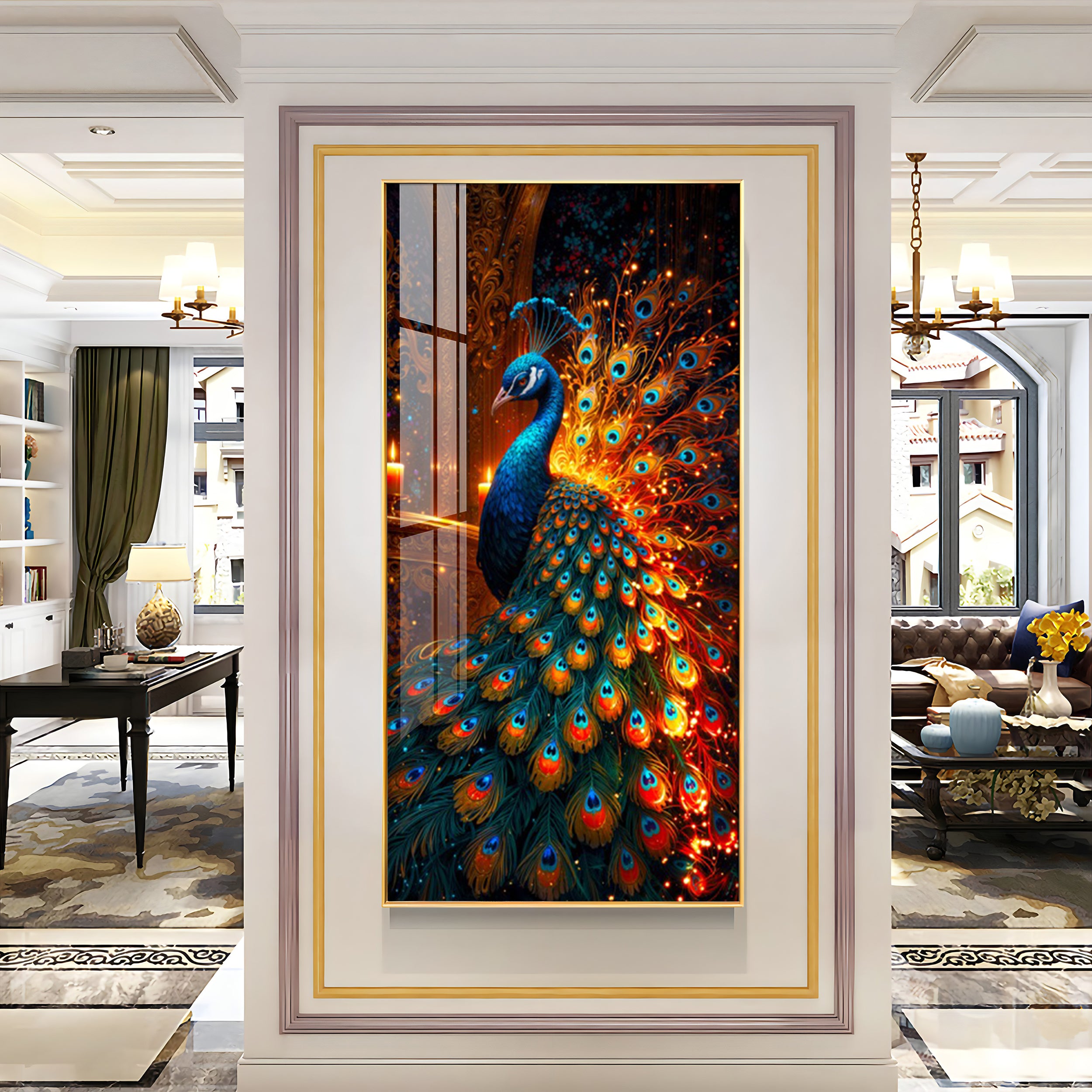 Peacock In Blaze Premium Acrylic Vertical Wall Art