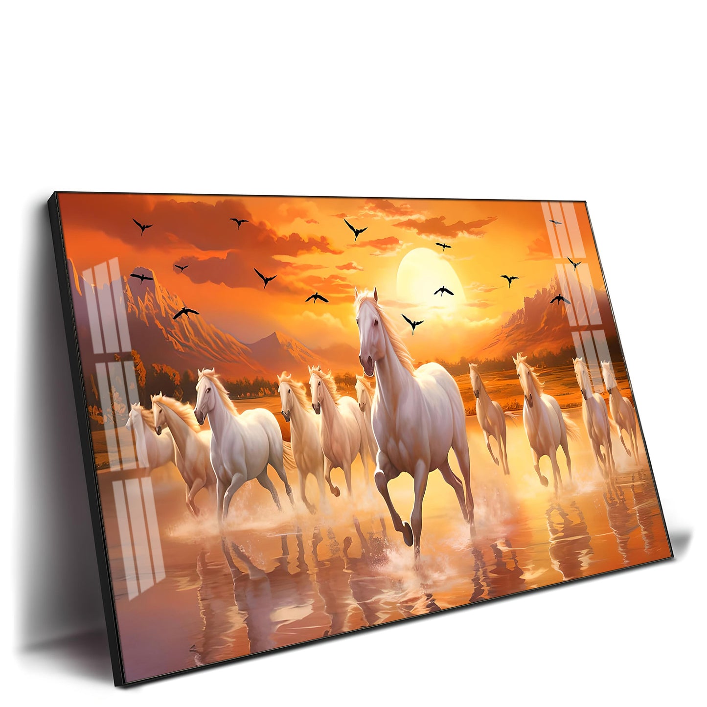 White Running Horses With Sunrise Premium Acrylic Horizontal Wall Art