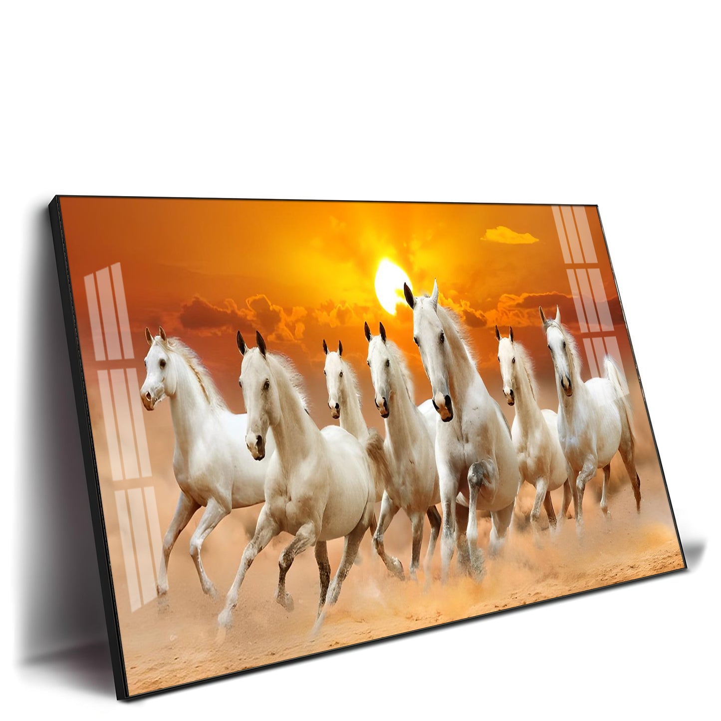 White 7 Running Horses Premium Acrylic Horizontal Wall Art