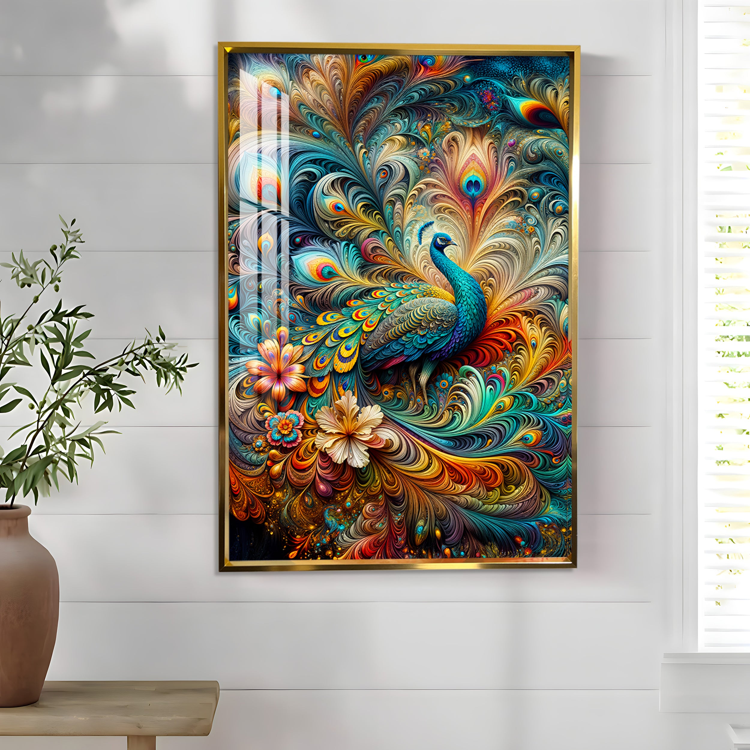 Chromatic Peacock Elegance Luxury Crystal Vertical Wall Art