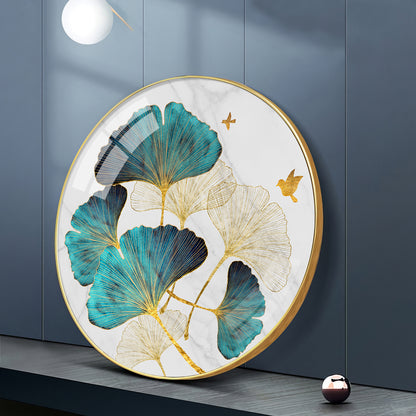 Blue Leaf Premium Acrylic Round Wall Art