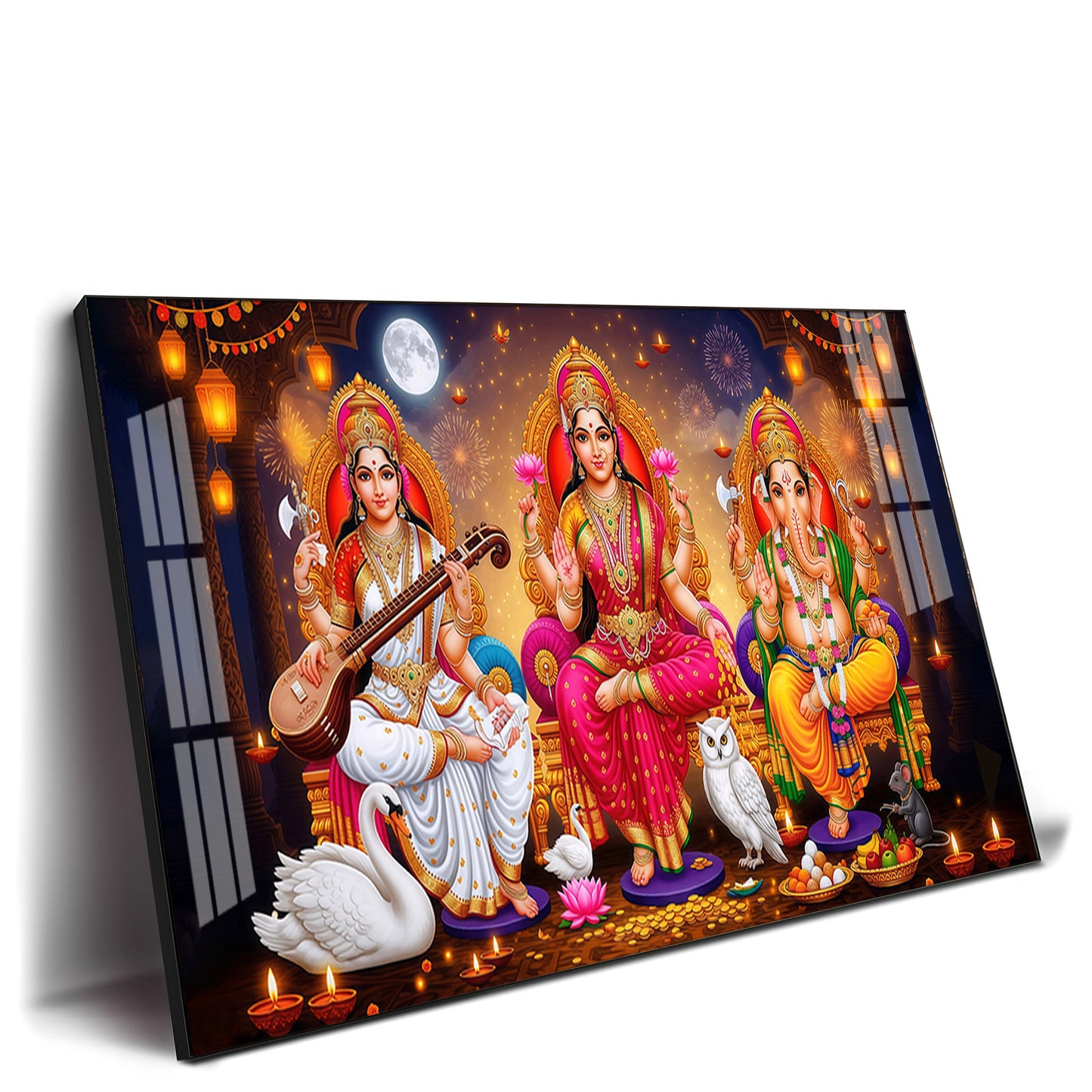 Maa Laxmi With lord Ganesh ji and Godess Saraswati Premium Acrylic Horizontal Wall Art