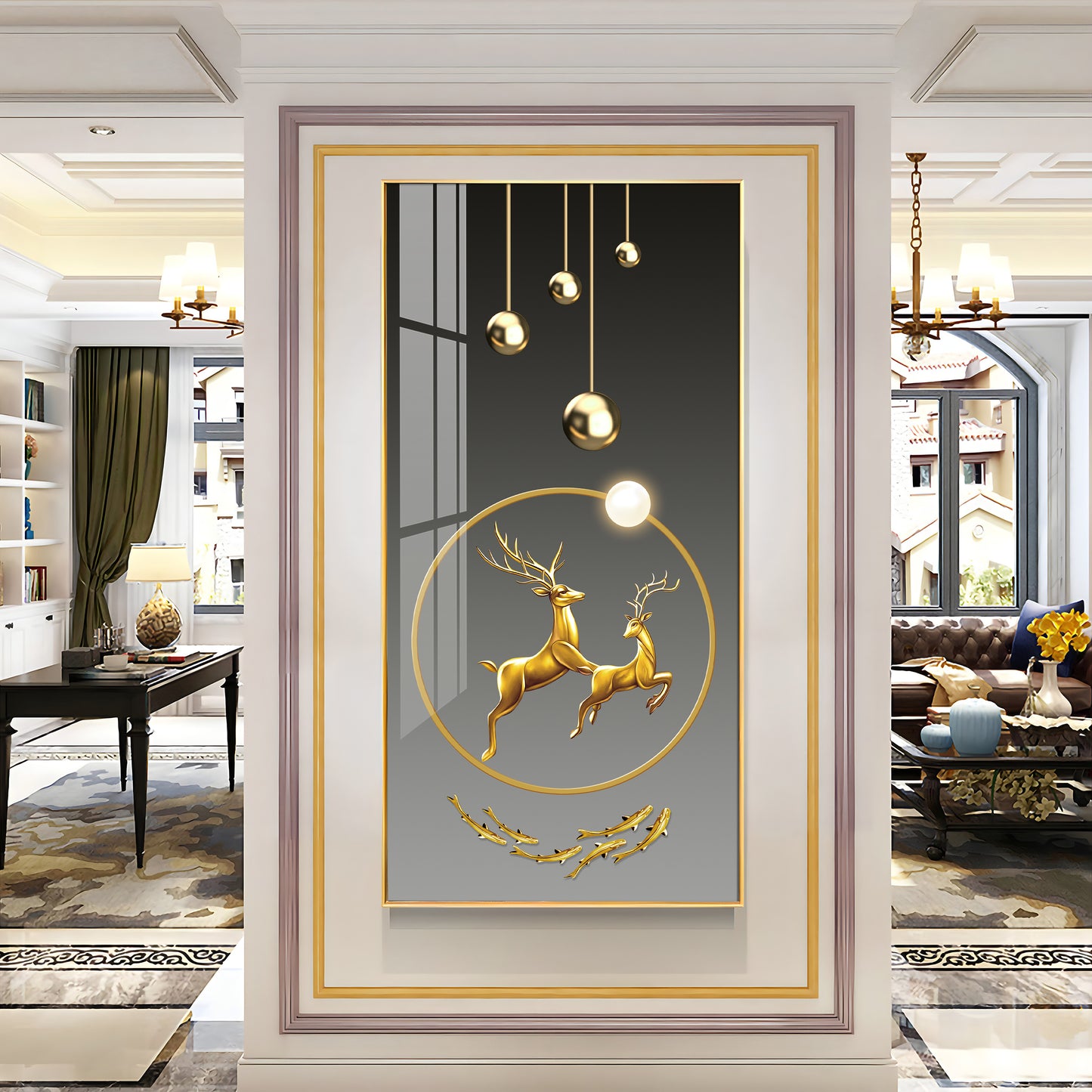 Dancing Golden Reindeer Premium Acrylic Vertical Wall Art