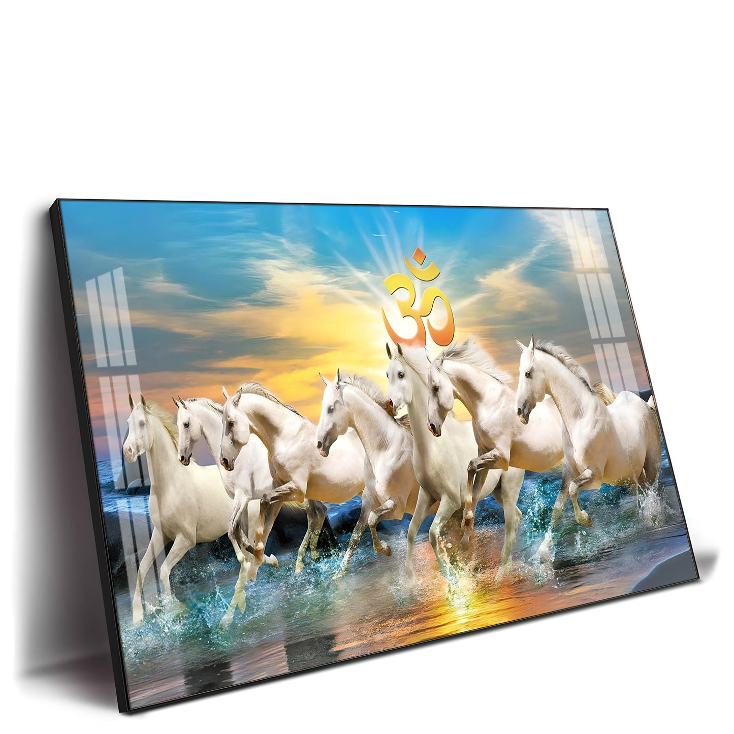 White Running Horses in Sea with Om Premium Acrylic Horizontal Wall Art