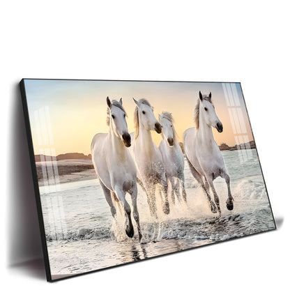 White Running Horses in The Sea Premium Acrylic Horizontal Wall Art