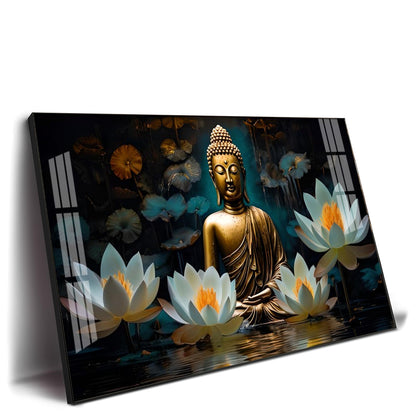 Buddha With White Lotus Premium Acrylic Horizontal Wall Art