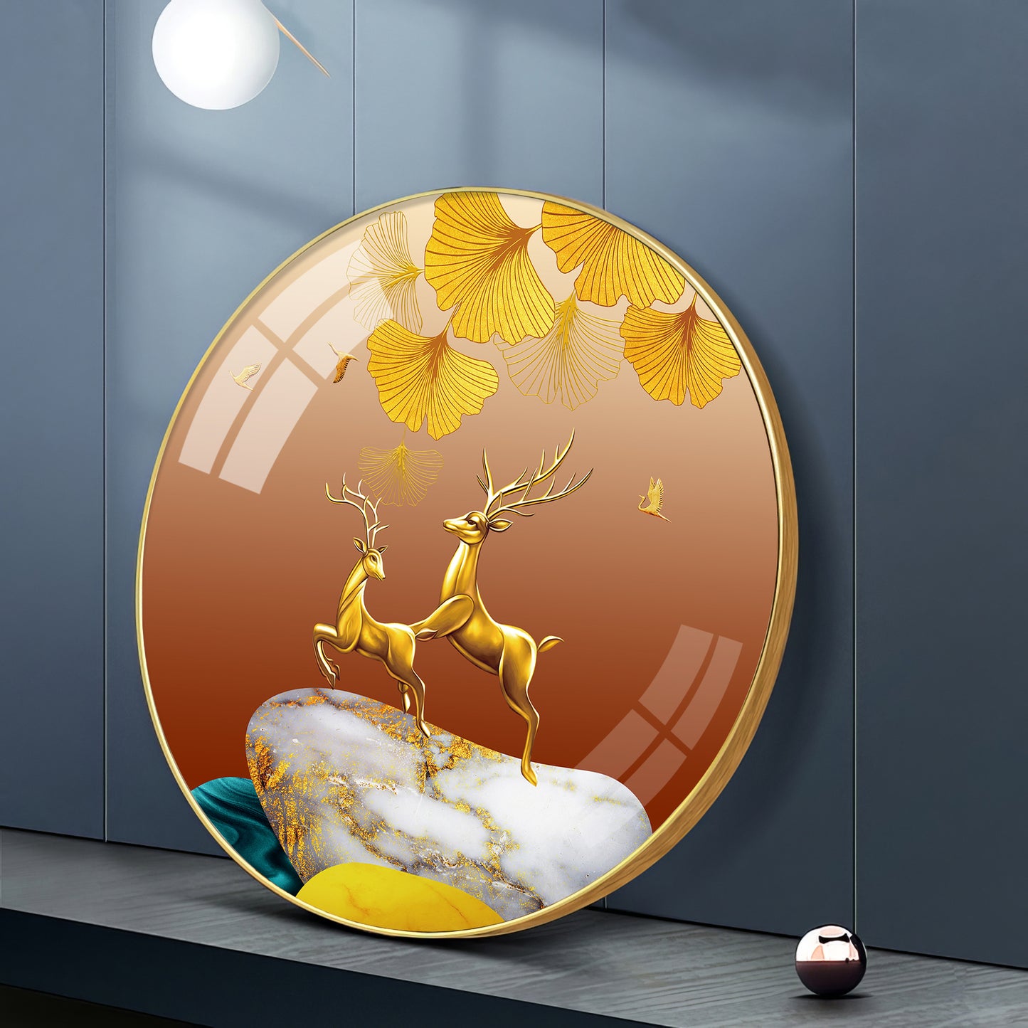 Golden Deer Duo Premium Acrylic Round Wall Art