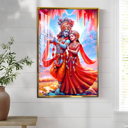 Beautiful Radha Krishna In Red Premium Acrylic Vertical Wall Art