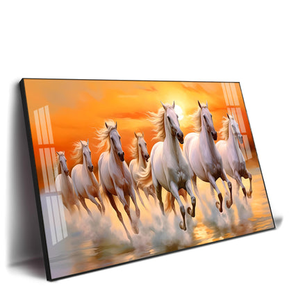 Seven White Running Horses With Sunrise Premium Acrylic Horizontal Wall Art