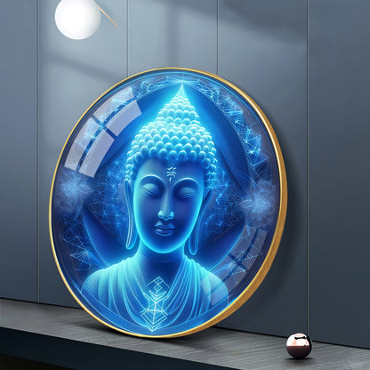 Sacred Buddha In Blue Premium Acrylic Round Wall Art