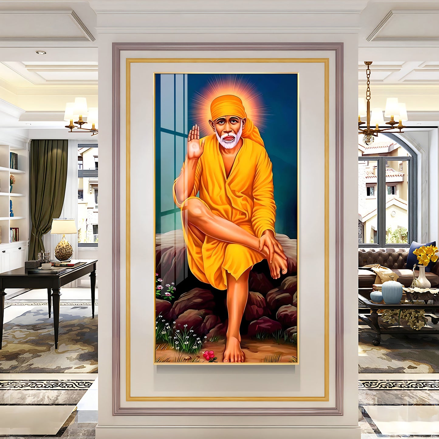 Shirdi Sai Baba Premium Acrylic Vertical Wall Art - 24X12 inches / Gold