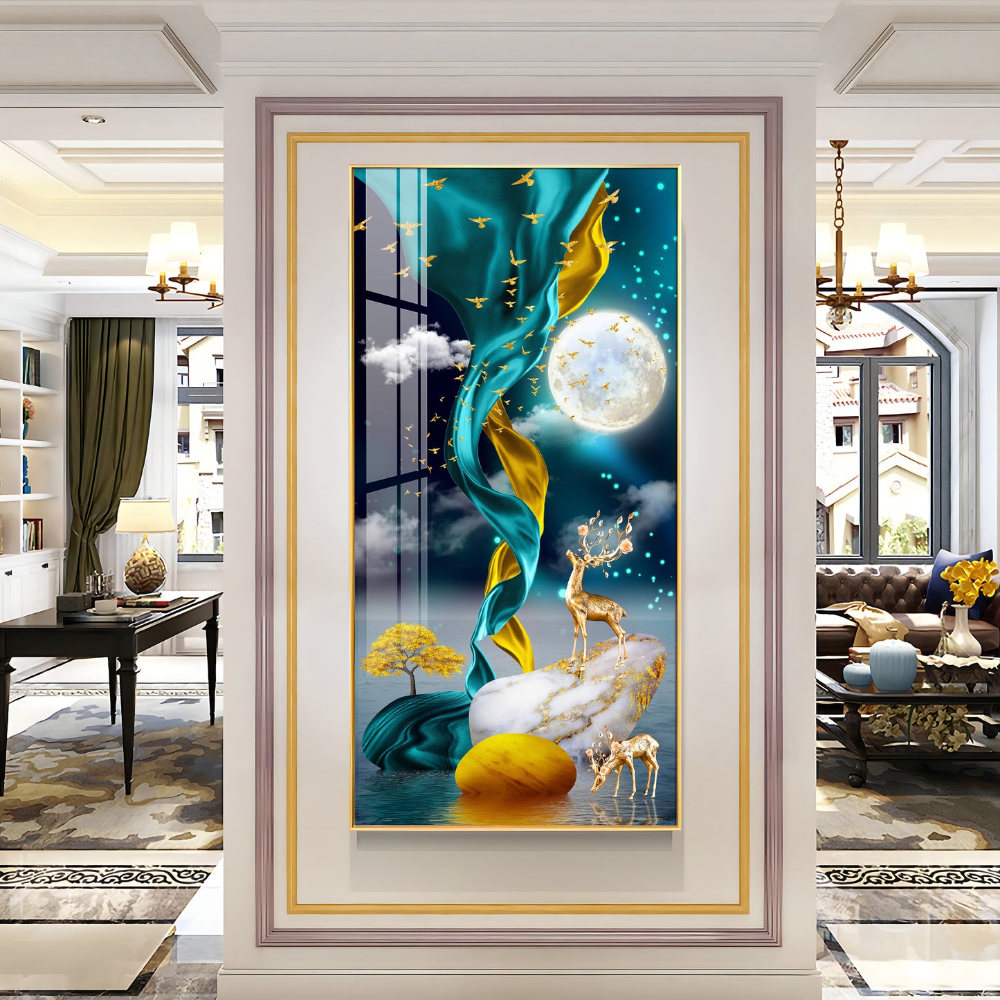 Deers With Full Moon Premium Acrylic Vertical Wall Art