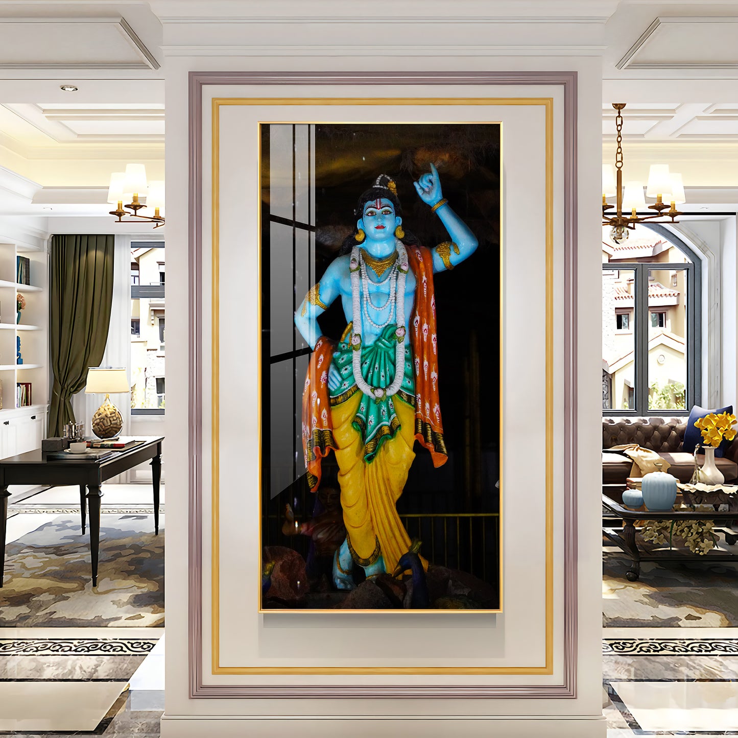 Krishna Lifting Govardhan Parvat Premium Acrylic Vertical Wall Art