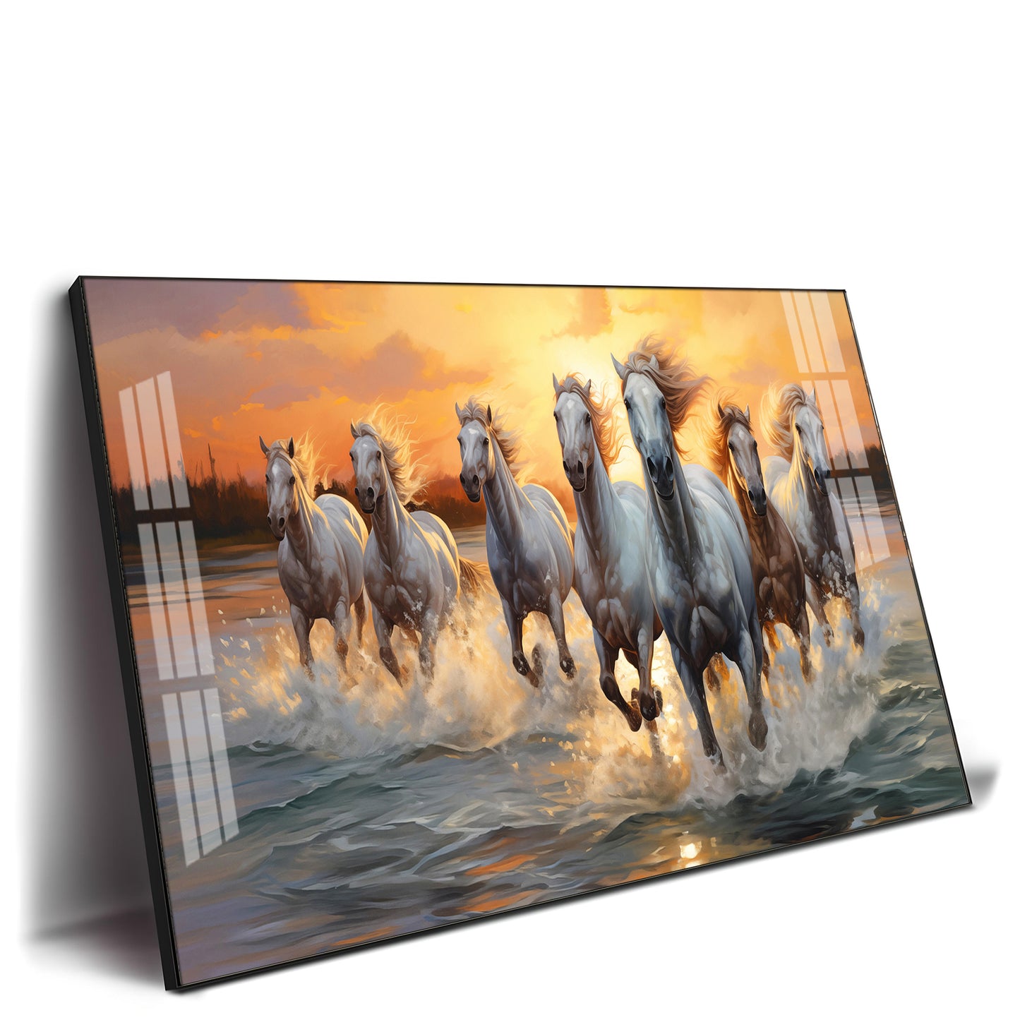 Vastu Seven Running Horses With Sunrise Premium Acrylic Horizontal Wall Art