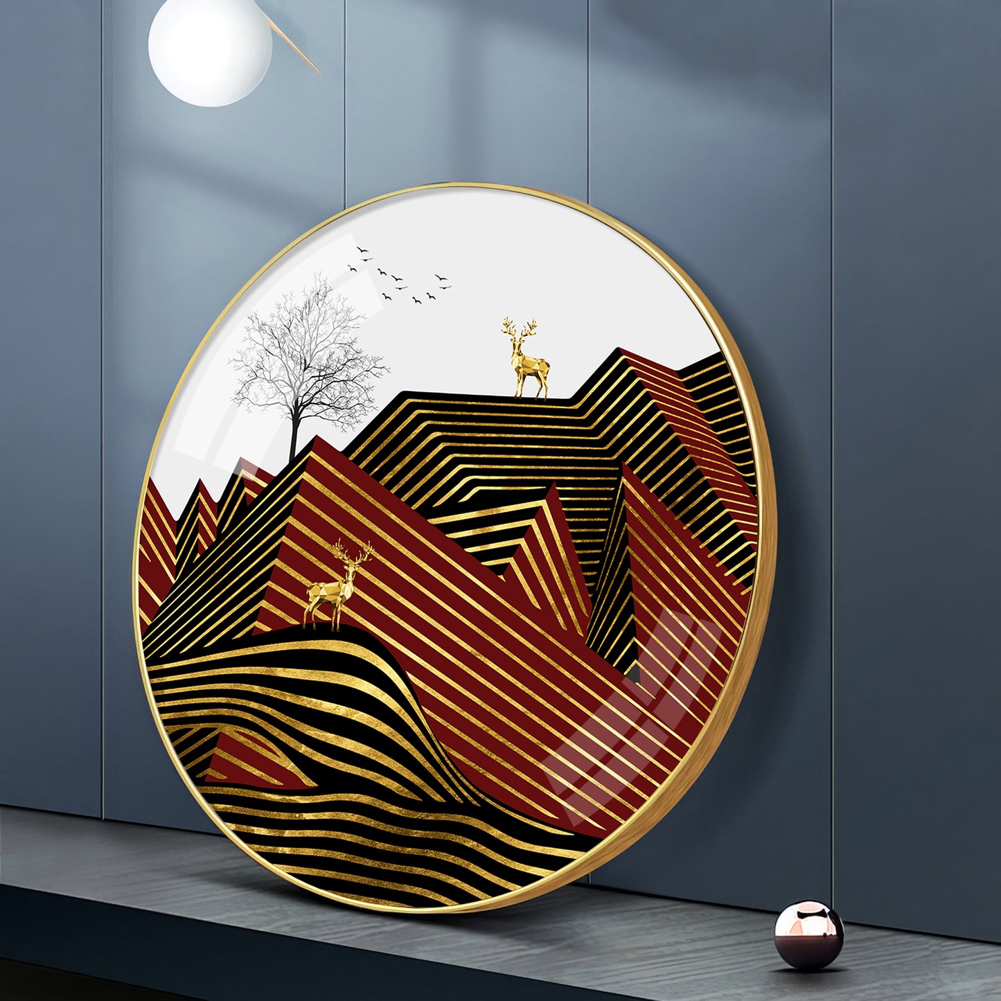 Deer and Mountain Premium Acrylic Round Wall Art