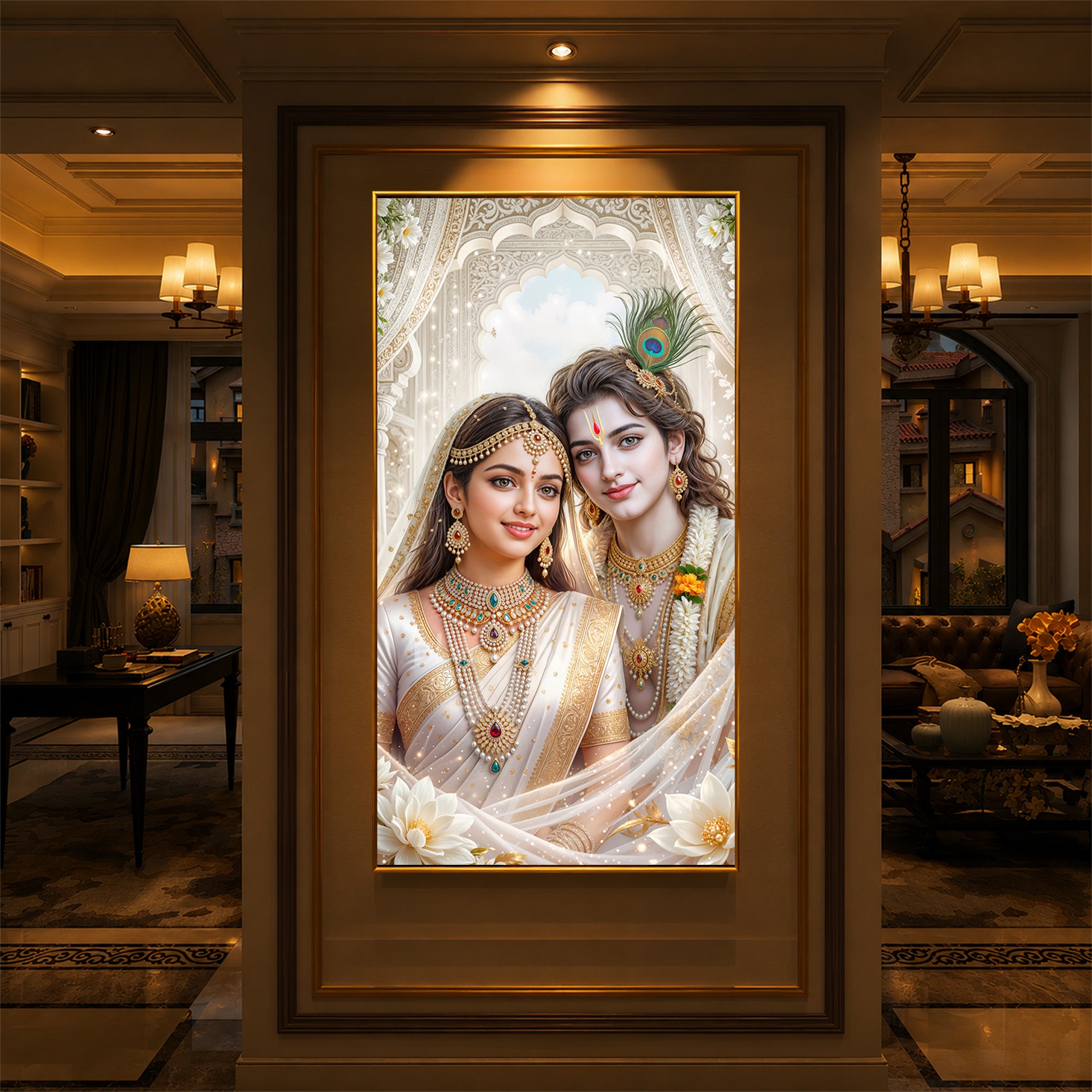 Mystical Love Of Radhe Krishn Modern Luxury Backlight Vertical Wall Art
