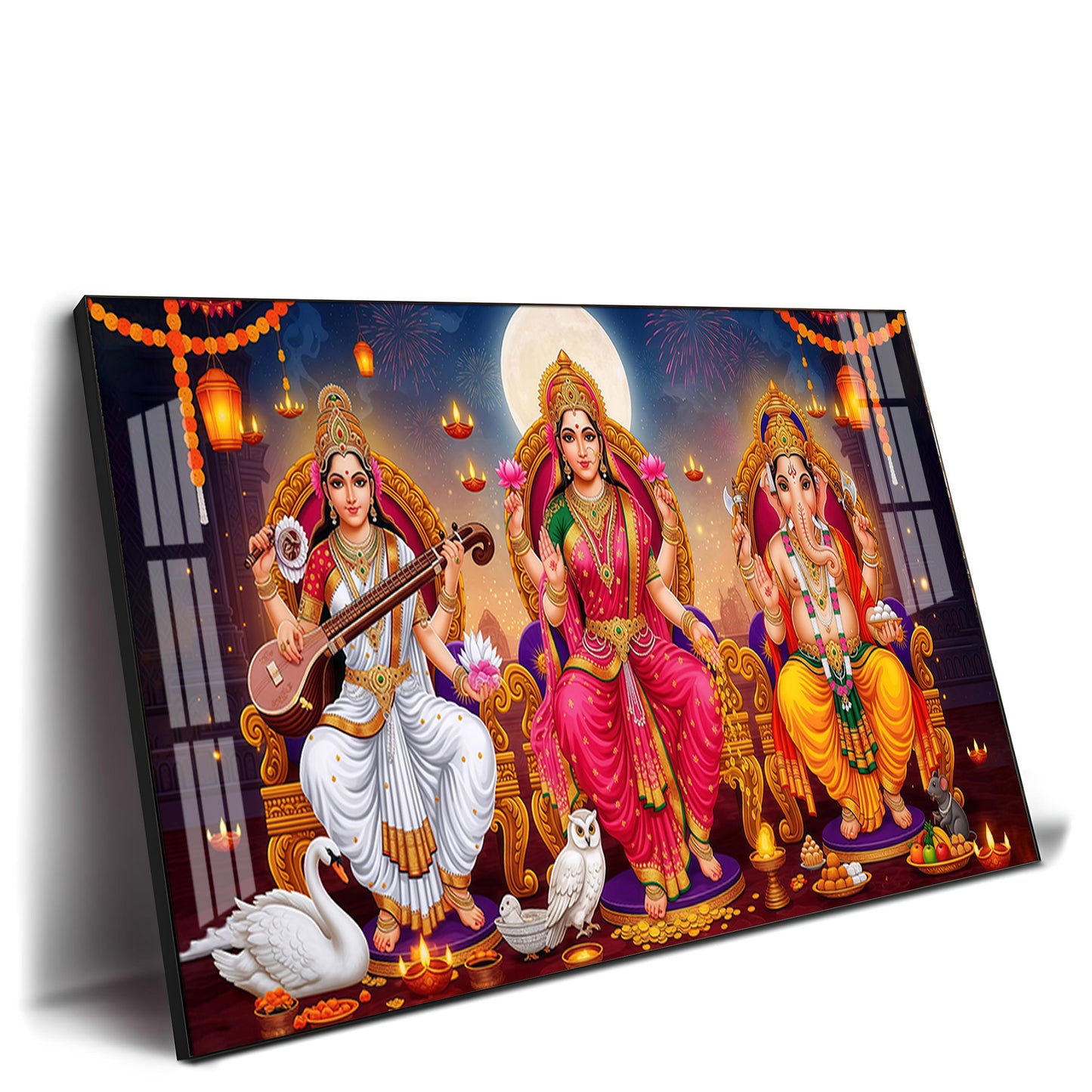 Lord Ganesha With Godess Saraswati and Maa Laxmi Premium Acrylic Horizontal Wall Art