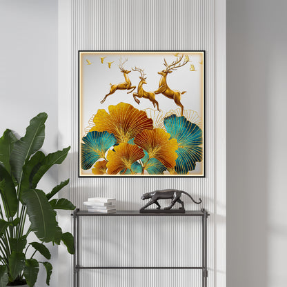 3 Golden Deers With Biloba Leaves Luxury Crystal Square Wall Art