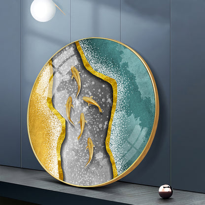 Koi Fish In Waves Premium Acrylic Round Wall Art