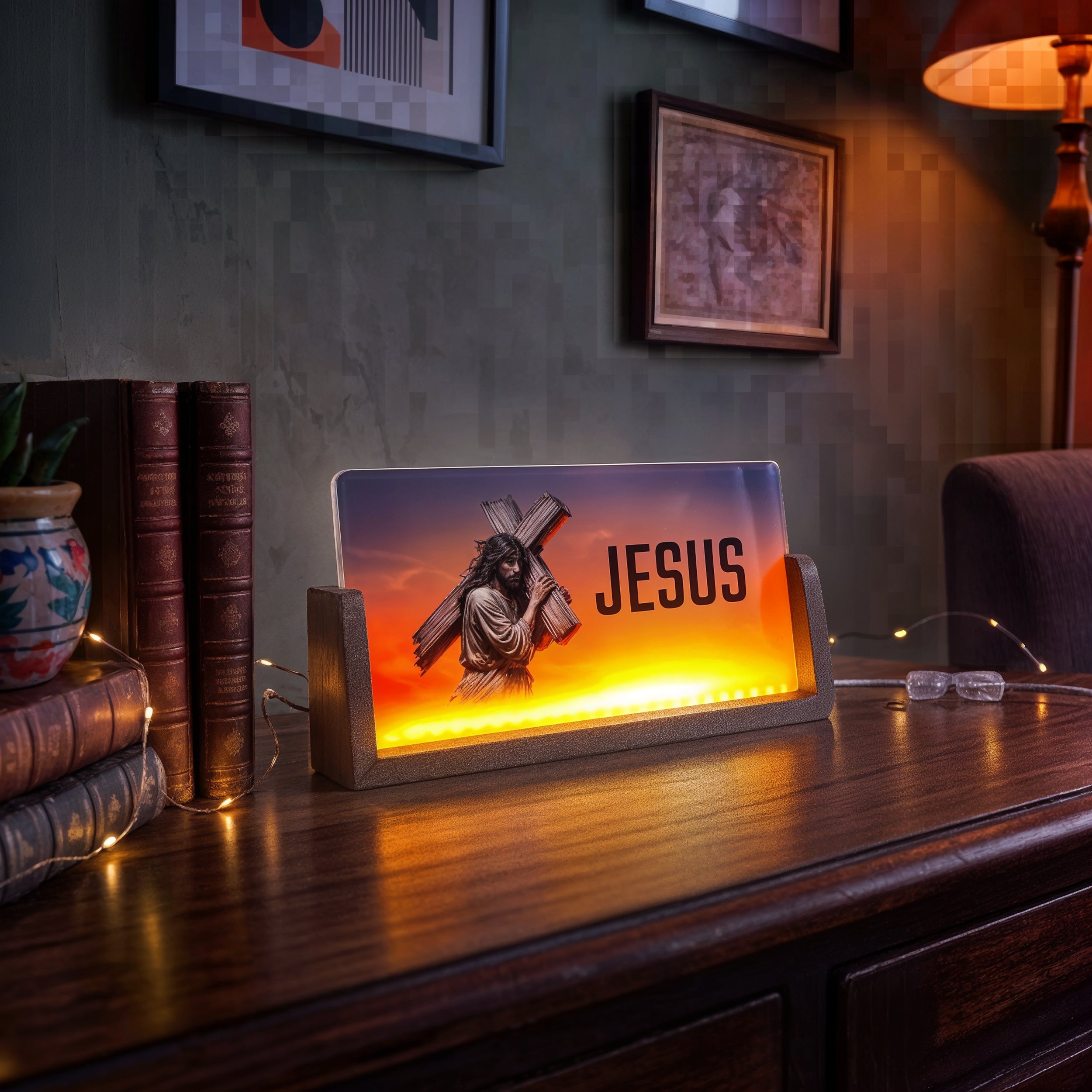 Jesus Acrylic LED Table Lamp - Wooden Stand