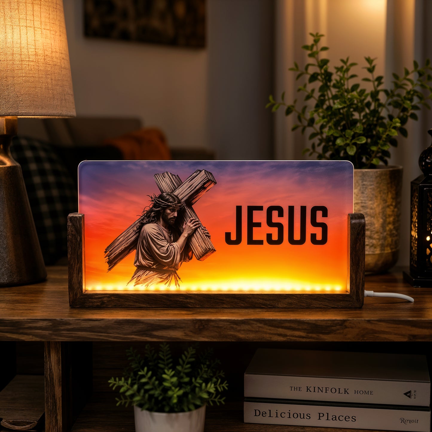 Jesus Acrylic LED Table Lamp - Wooden Stand