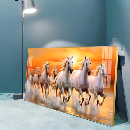 Seven White Running Horses With Sunrise Premium Acrylic Horizontal Wall Art