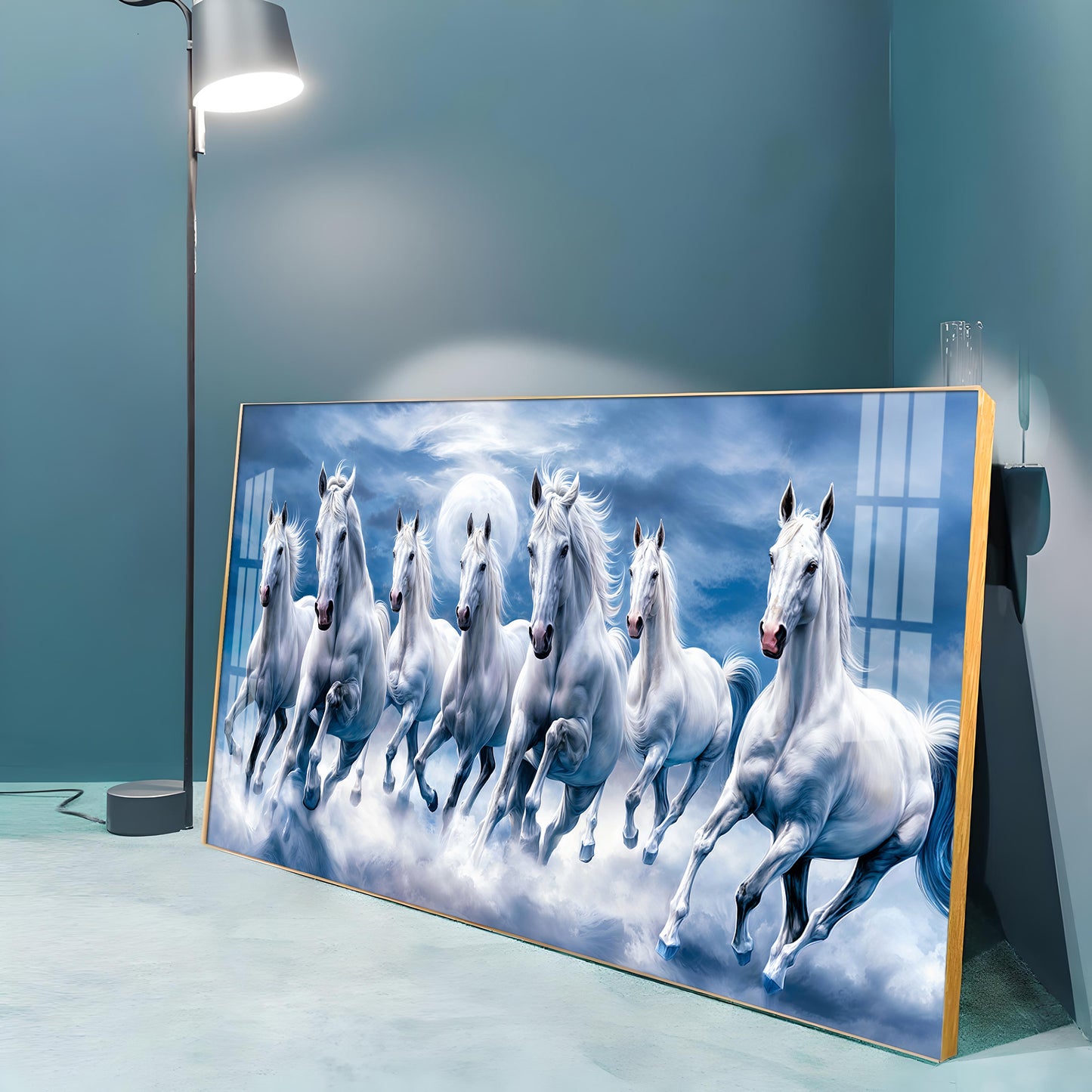 7 White Running Horses With Sunrise Premium Acrylic Horizontal Wall Art