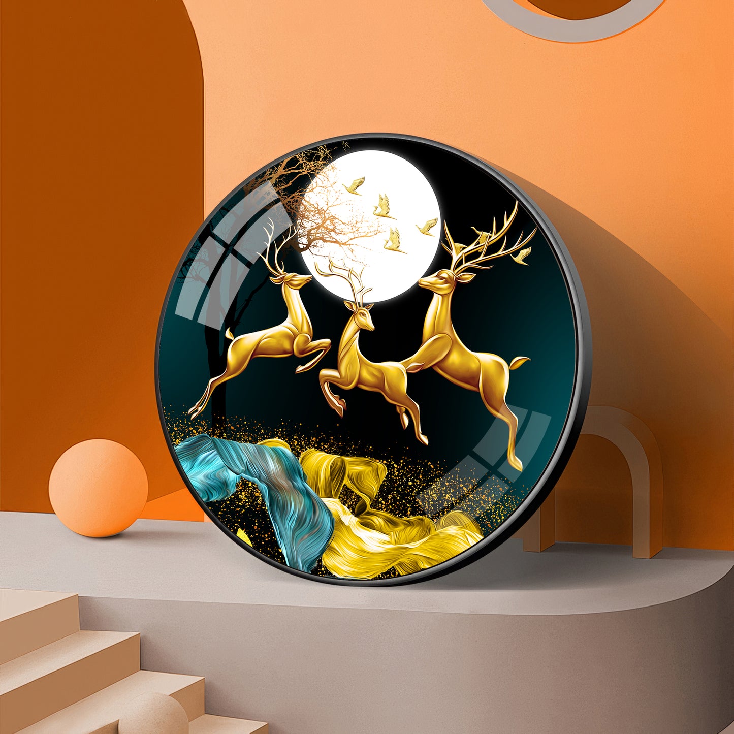 The Deer’s Ascent Premium Acrylic Round Wall Art