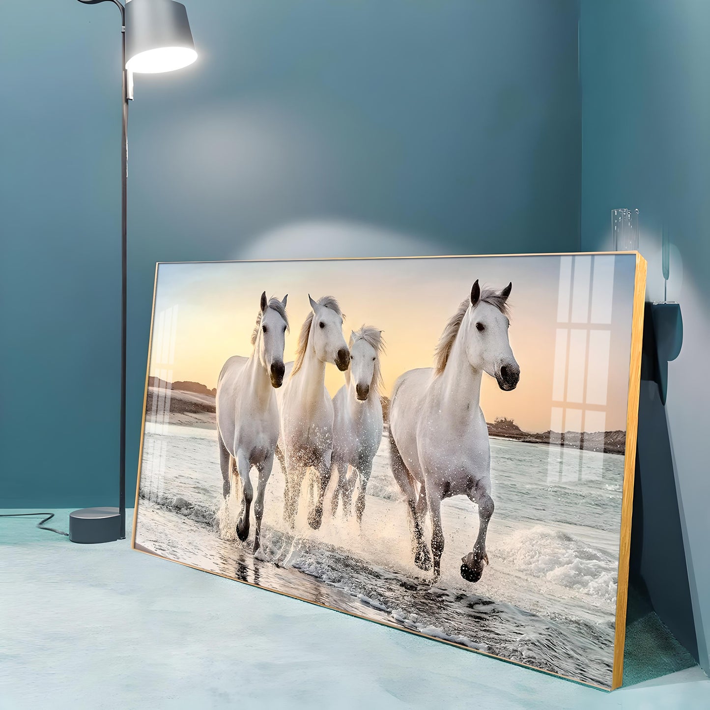 White Running Horses in The Sea Premium Acrylic Horizontal Wall Art