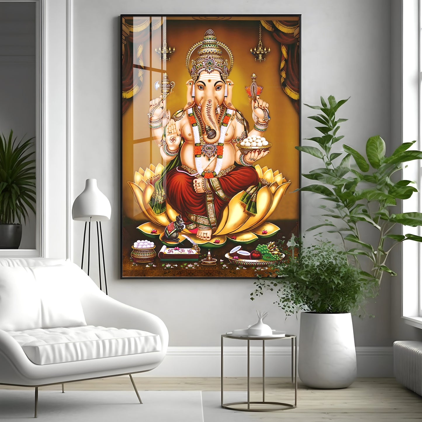 Lord Ganesha On Gold Lotus Premium Vertical Acrylic Wall Art