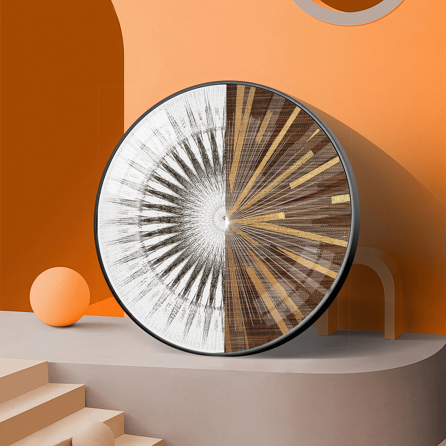 Gold & White Abstract Premium Acrylic Round Wall Art