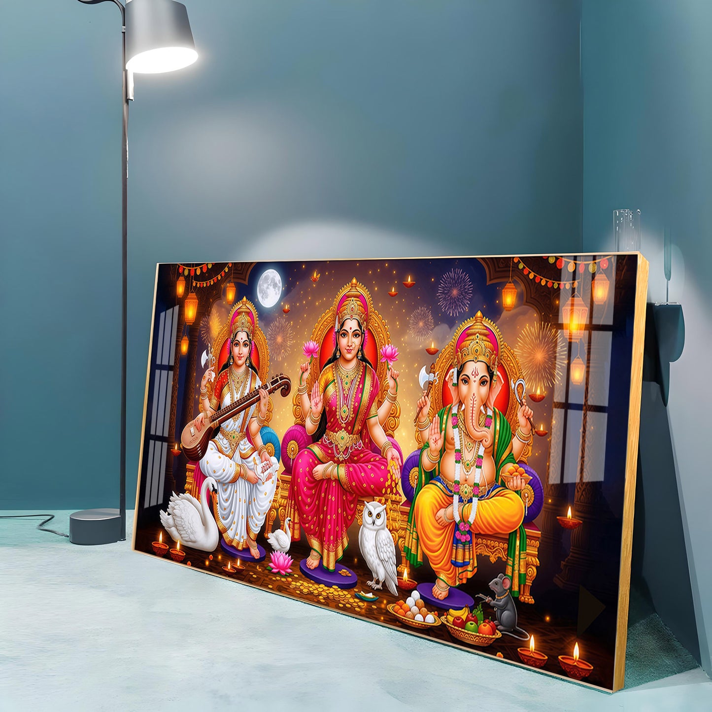 Maa Laxmi With lord Ganesh ji and Godess Saraswati Premium Acrylic Horizontal Wall Art