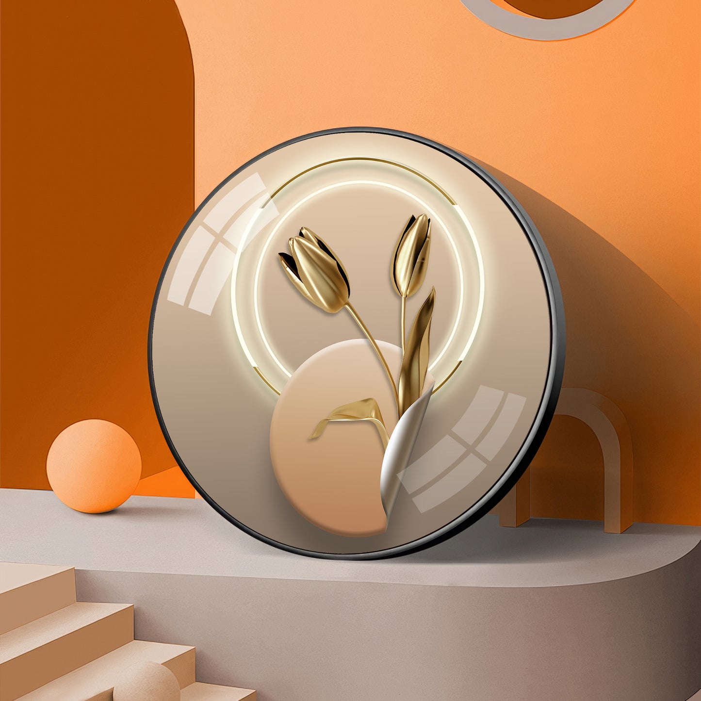 Golden Petal Premium Acrylic Round Wall Art