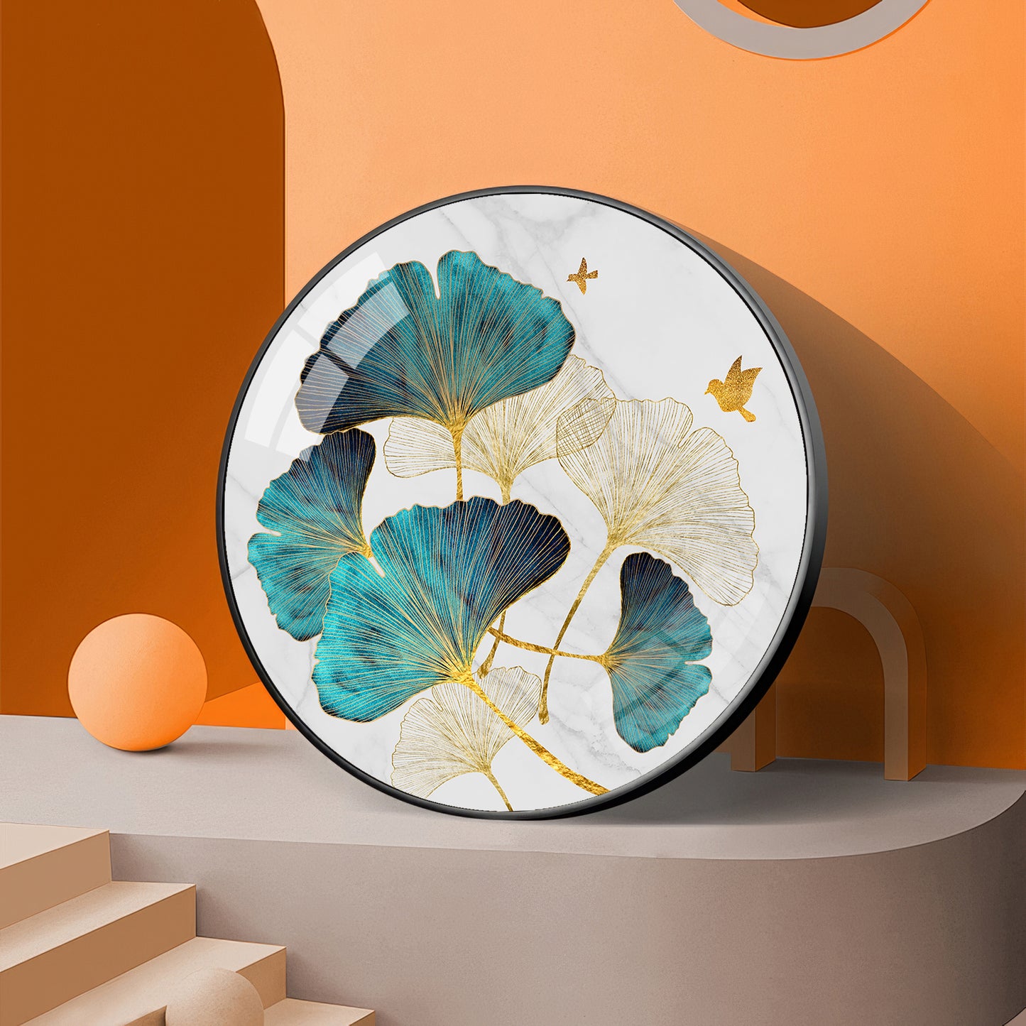 Blue Leaf Premium Acrylic Round Wall Art