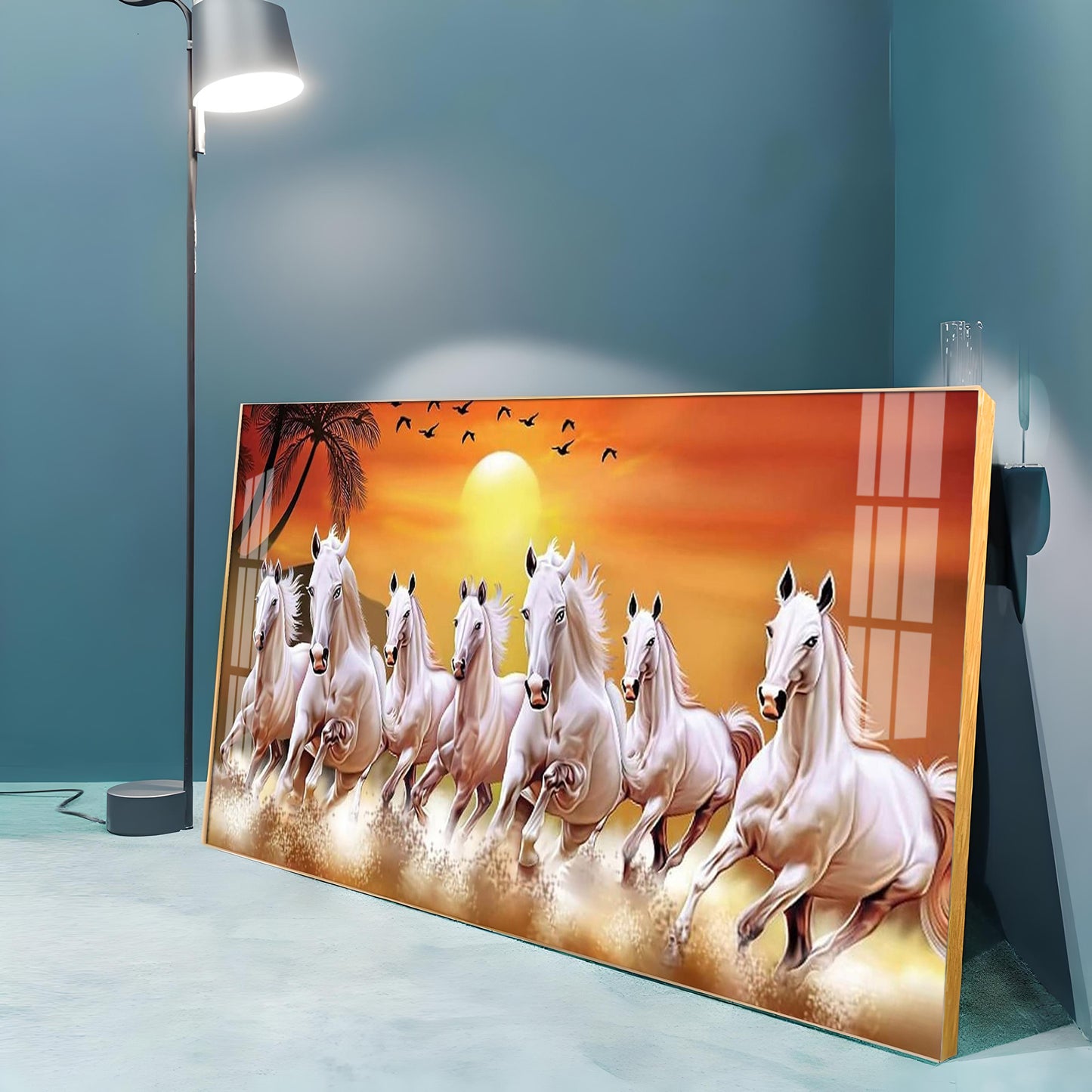 7 White Running Horses in The Sea With Sunrise Premium Acrylic Horizontal Wall Art