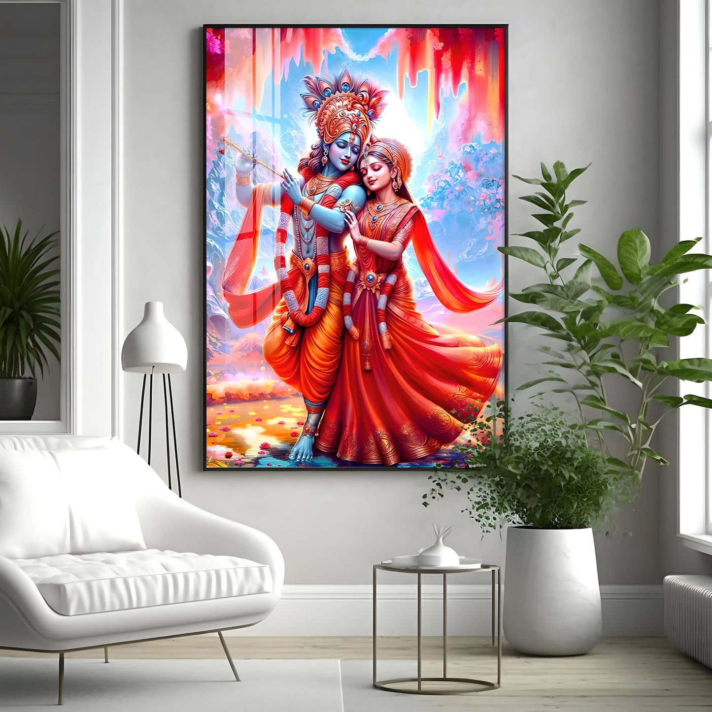 Beautiful Radha Krishna In Red Premium Acrylic Vertical Wall Art