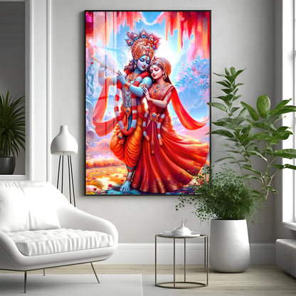 Beautiful Radha Krishna In Red Premium Acrylic Vertical Wall Art