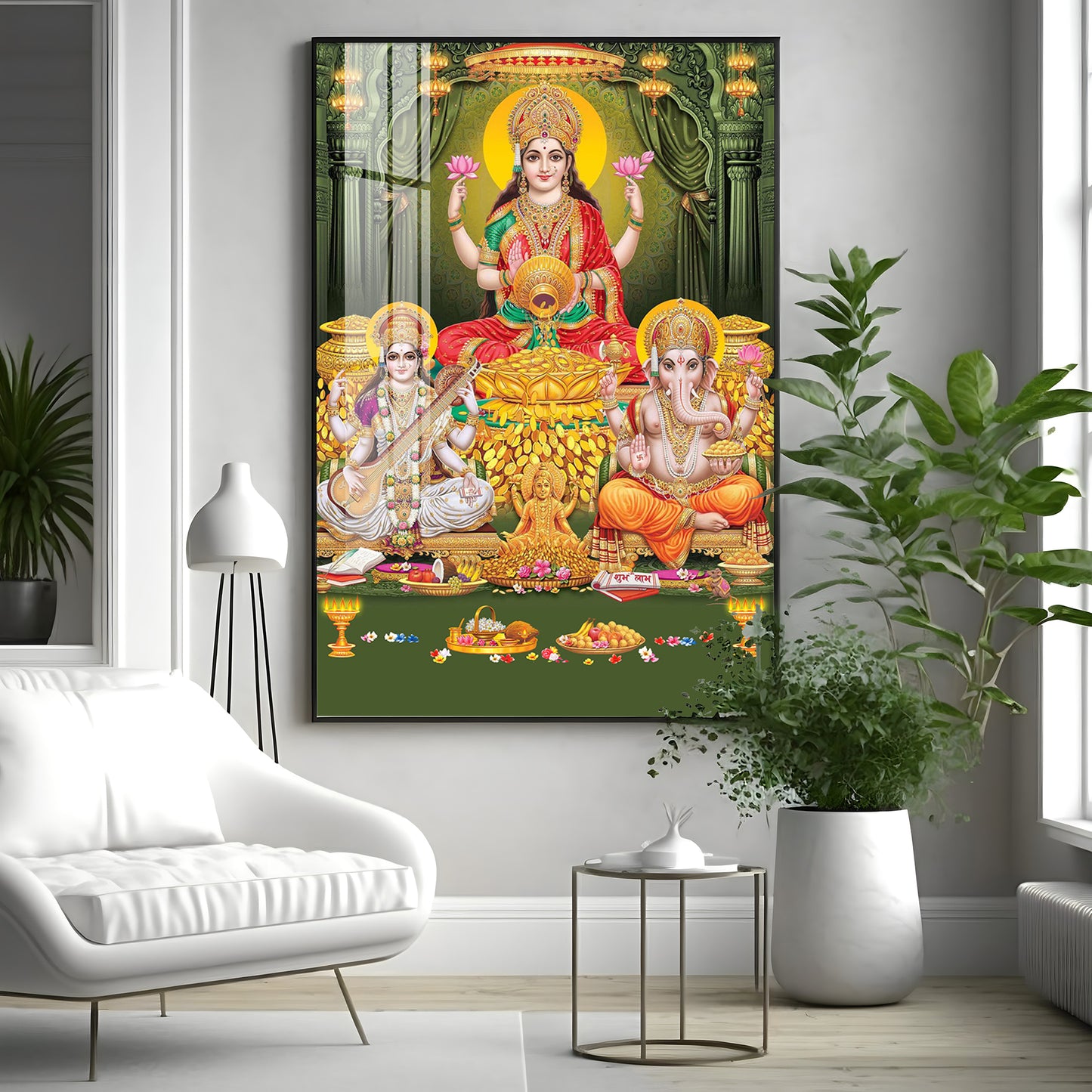 Divine Laxmi Ji With Flower Premium Acrylic Vertical Wall Art