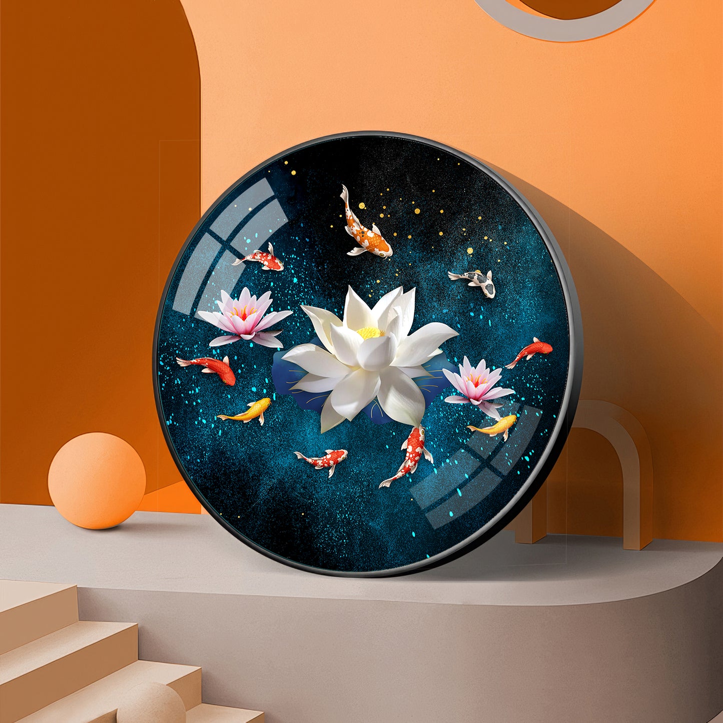 Lotus and Fish Premium Acrylic Round Wall Art