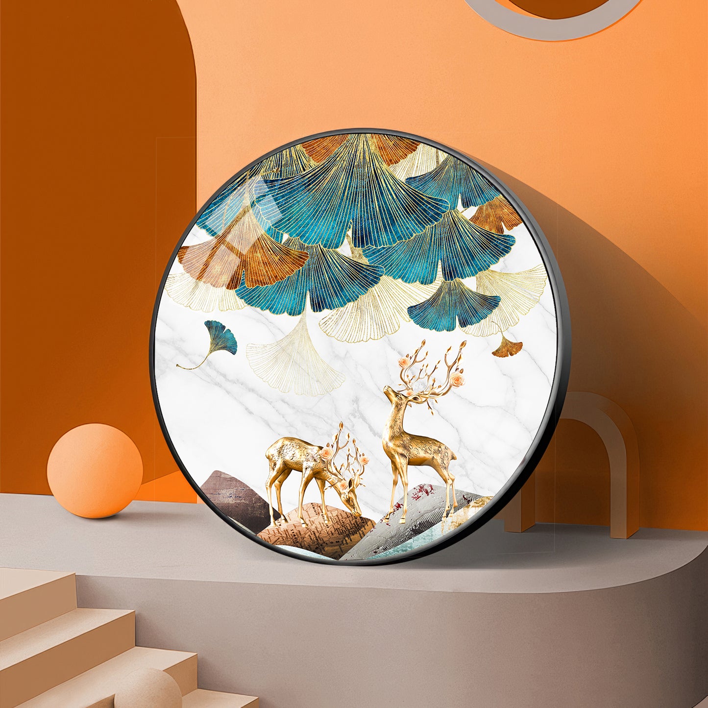 Deer and Leaves Premium Acrylic Round Wall Art