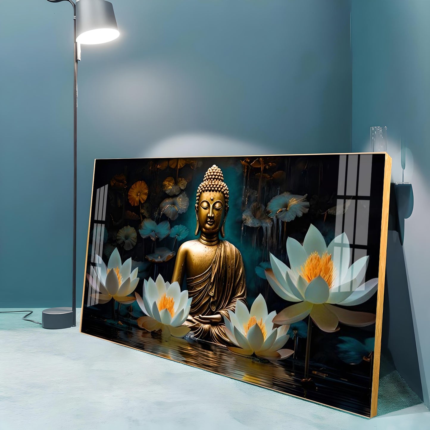 Buddha With White Lotus Premium Acrylic Horizontal Wall Art